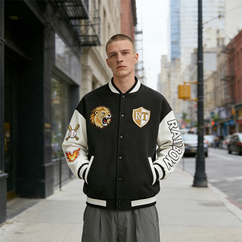 Lion Embroidery Varsity Bomber Jacket | RT Shield Logo | Rainbow Sleeves Design | Custom Streetwear Manufacturer