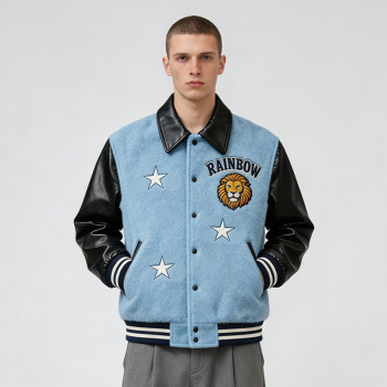 Men's embroidered varsity jacket | Wool blend with leather sleeves | Stars & lion patch design | Custom Streetwear Manufacturer
