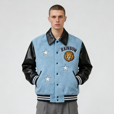 Men's embroidered varsity jacket | Wool blend with leather sleeves | Stars & lion patch design | Custom Streetwear Manufacturer