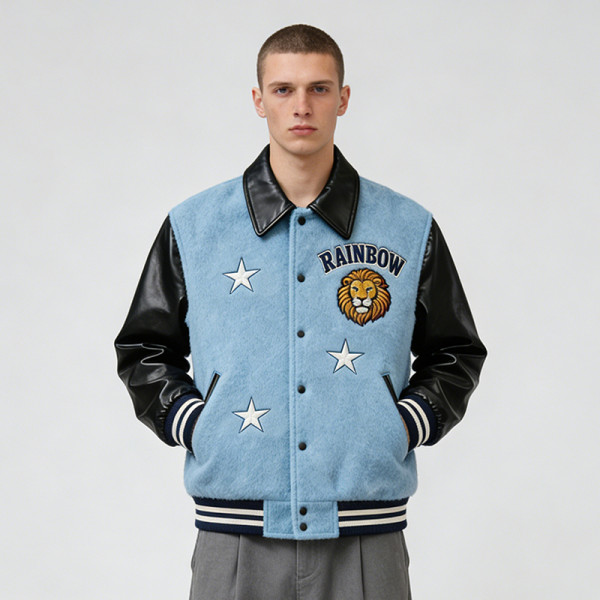 Men's embroidered varsity jacket | Wool blend with leather sleeves | Stars & lion patch design | Custom Streetwear Manufacturer