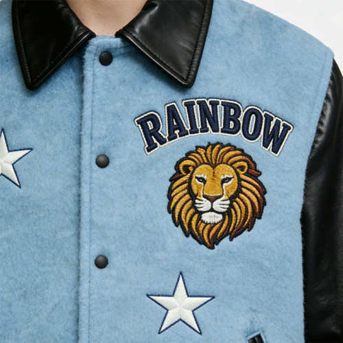 Men's embroidered varsity jacket | Wool blend with leather sleeves | Stars & lion patch design | Custom Streetwear Manufacturer