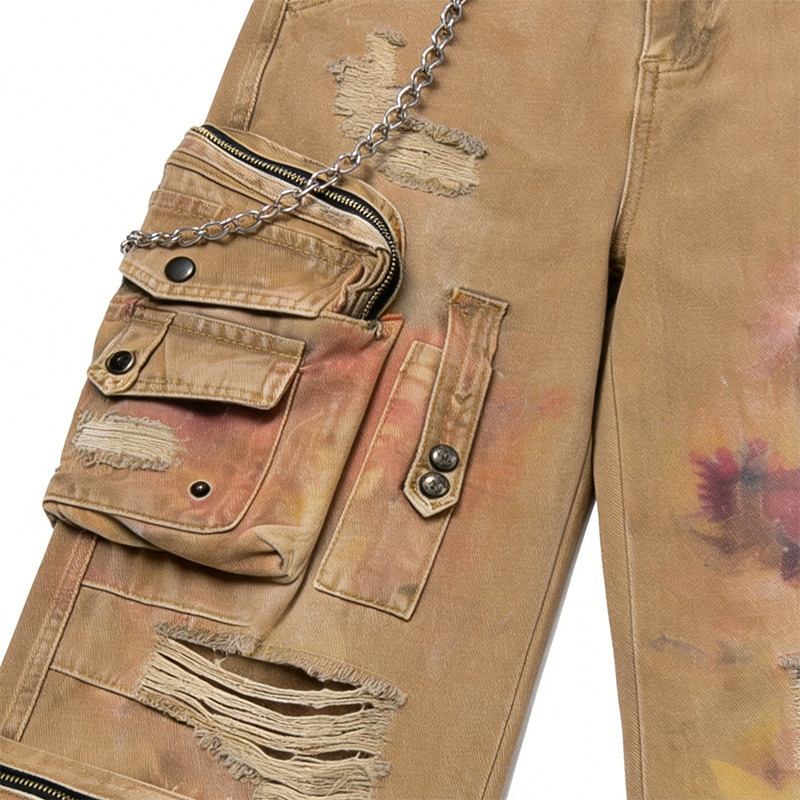 Custom Men's Splatter Paint Distressed Cargo Pants 