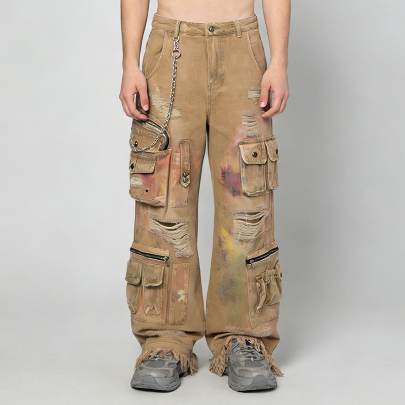 Custom Men's Splatter Paint Distressed Cargo Pants 