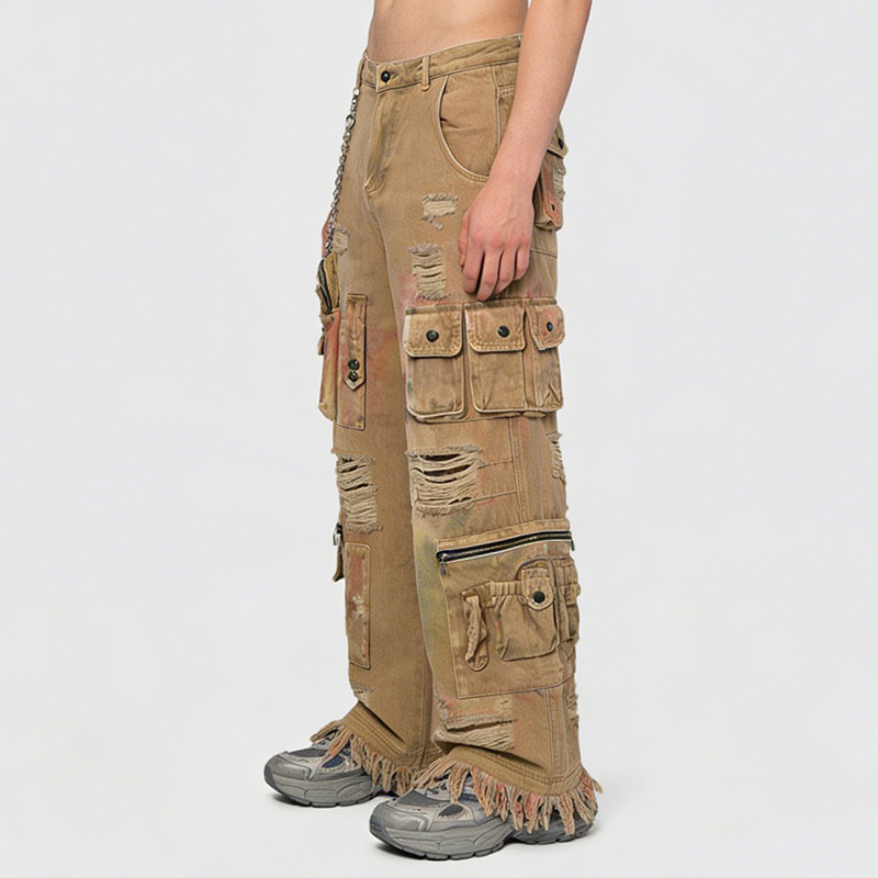 Custom Men's Splatter Paint Distressed Cargo Pants 