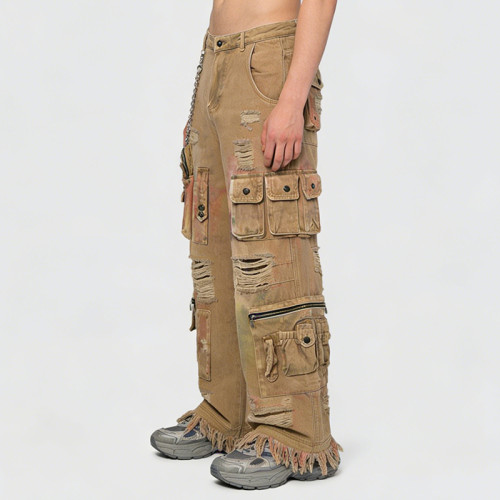 Custom Men's Distressed Splatter Paint Cargo Pants | Vintage Wide-Leg Jeans | OEM Streetwear