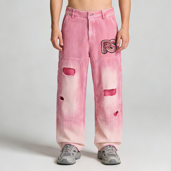 Oversized Ripped Pants with Patchwork | Spray Paint & Rhinestone | Custom Streetwear Manufacturer