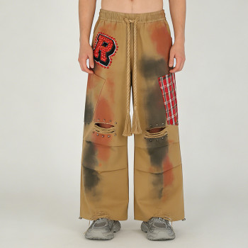 Custom Men's Tie-Dye Ripped Pants | Plaid Patchwork Trousers | Custom Streetwear Manufacturer