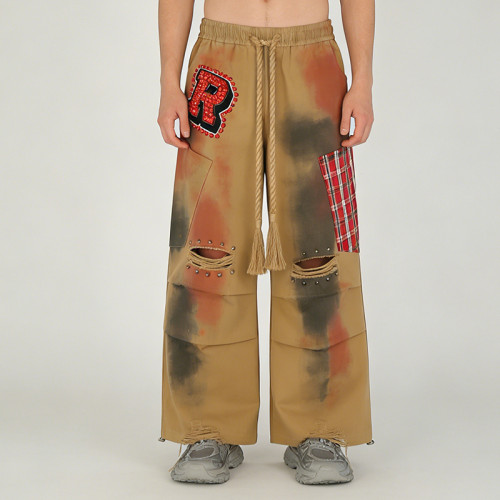 Custom Men's Tie-Dye Ripped Pants | Plaid Patchwork Trousers | Custom Streetwear Manufacturer