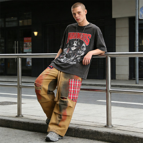 Custom Men's Tie-Dye Ripped Pants | Plaid Patchwork Trousers | Custom Streetwear Manufacturer