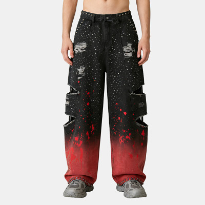 Ripped Jeans with Rhinestones & Splatter Paint | Distressed Pants | Custom Streetwear Manufacturer