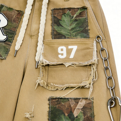 Custom Men's Patchwork Cargo Pants | Ripped & Abraded Design | Embroidered Patches | OEM Streetwear