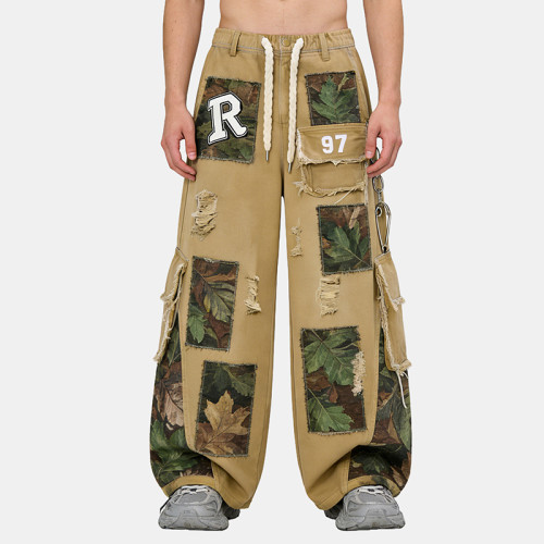 Custom Men's Patchwork Cargo Pants | Ripped & Abraded Design | Embroidered Patches | OEM Streetwear