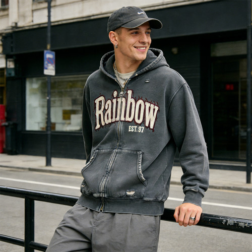 Rainbow Hooded Zip-Up Hoodies | Vintage Wash | Distressed | Applique | Custom Streetwear Manufacturer