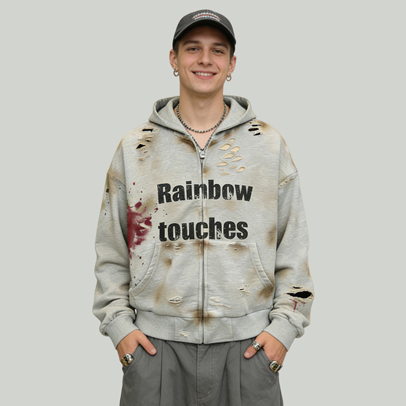 Distressed Hooded Zip Sweatshirt