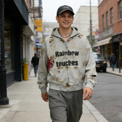 Distressed Hooded Zip Sweatshirt | Splatter Paint & Screen Print | Rainbow Touches Design | Custom Streetwear