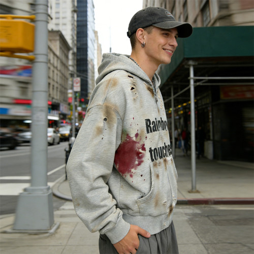 Distressed Hooded Zip Sweatshirt | Splatter Paint & Screen Print | Rainbow Touches Design | Custom Streetwear