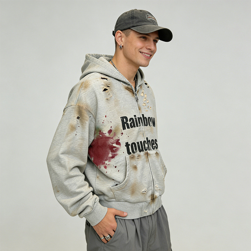 Distressed Hooded Zip Sweatshirt