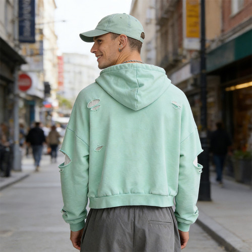 Green Distressed Hoodie | Ripped & Frayed Design | Oversized Streetwear | Streetwear Manufacturer