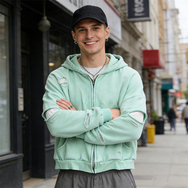 Green Distressed Hoodie | Ripped & Frayed Design | Oversized Streetwear | Streetwear Manufacturer