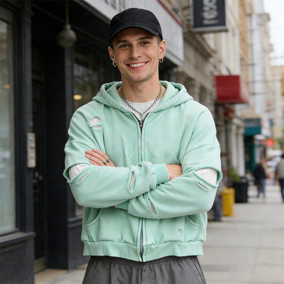 Green Distressed Hoodie | Ripped & Frayed Design | Oversized Streetwear | Streetwear Manufacturer