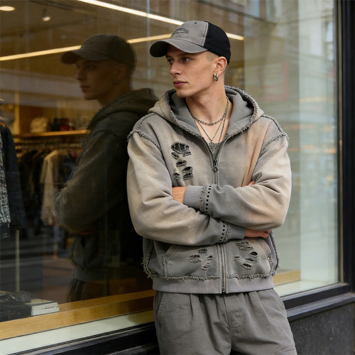Distressed Hooded Zip-Up | Vintage Street Style | Streetwear Clothing Manufacturer
