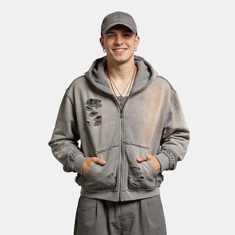 Distressed Hooded Zip-Up