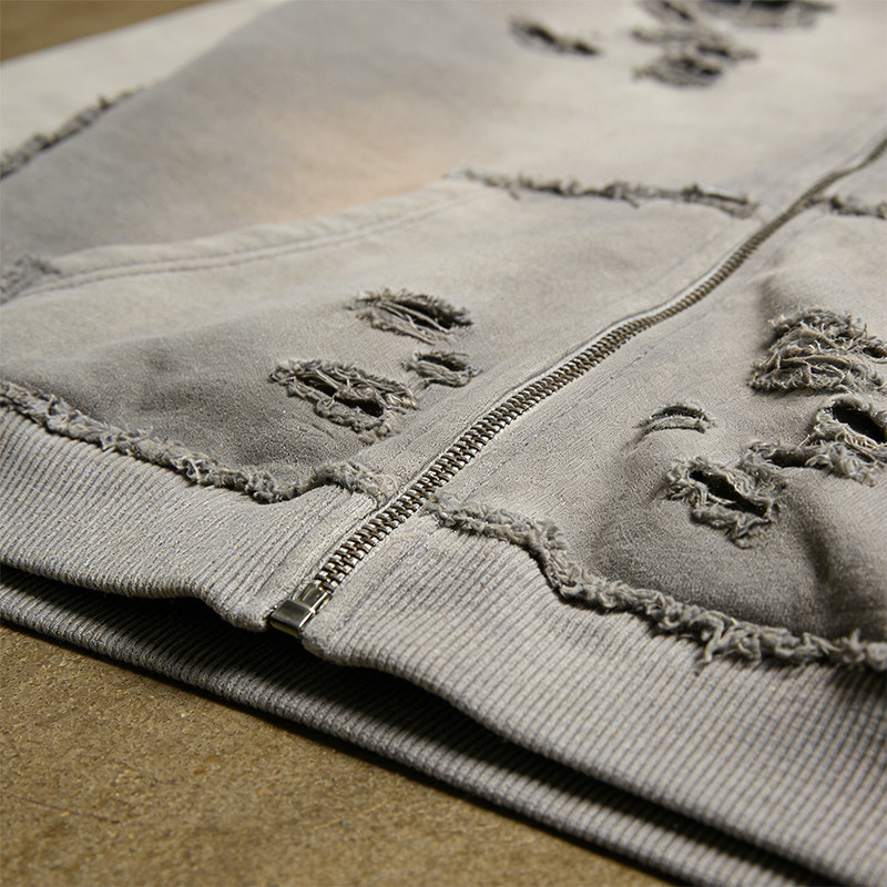 Distressed Hooded Zip-Up