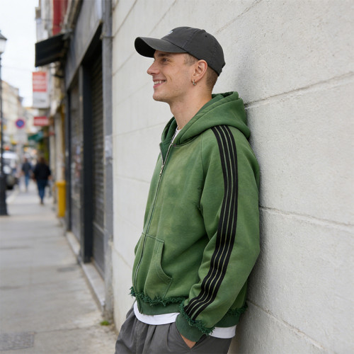 Green Washed Hooded Sweatshirt | Ripped & Spray Painted with Tape Trim | Clothing Manufacturers