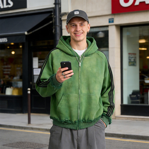 Green Washed Hooded Sweatshirt | Ripped & Spray Painted with Tape Trim | Clothing Manufacturers