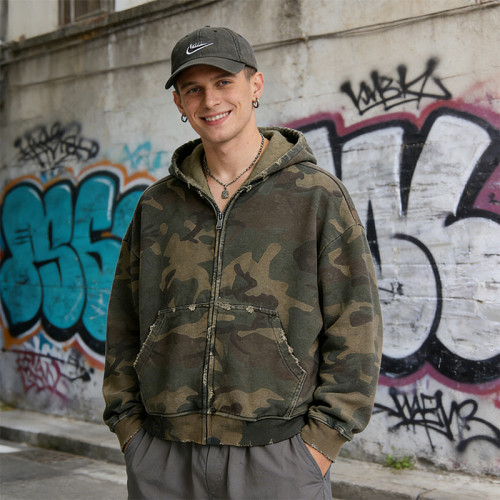 Distressed Camouflage Hoodie | Ripped Design & Digital Print | OEM Streetwear