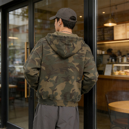 Distressed Camouflage Hoodie | Ripped Design & Digital Print | OEM Streetwear