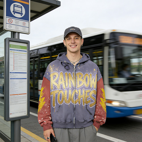 Rainbow Touches Distressed Hoodie | Ripped & Screen Printed with Gold Foil| Custom Streetwear