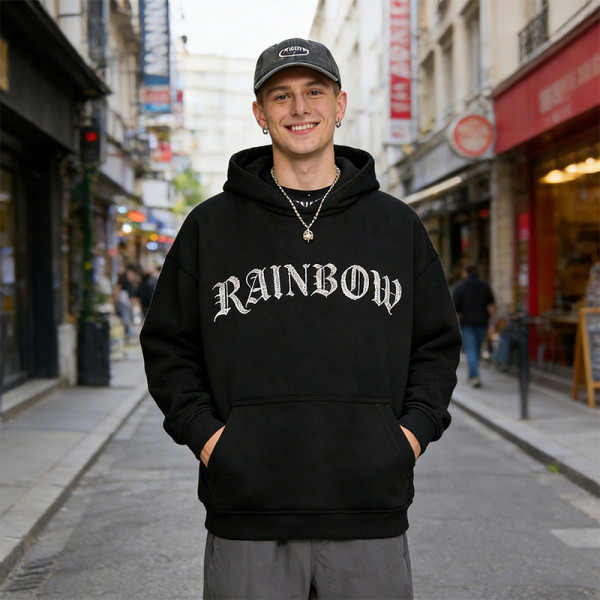 Rainbow Gothic Text Hoodie | Classic Black | Distressed Print Style | Custom Streetwear Manufacturer