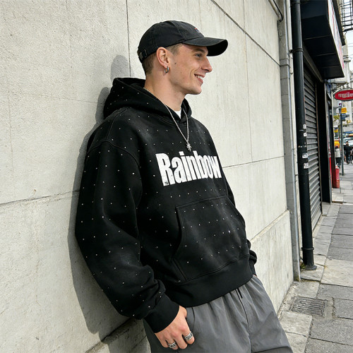 Rainbow Studded Hoodie | Rhinestone & Screen Print | Washed Color | Streetwear Style | OEM Streetwear