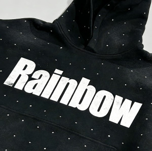 Rainbow Studded Hoodie | Rhinestone & Screen Print | Washed Color | Streetwear Style | OEM Streetwear