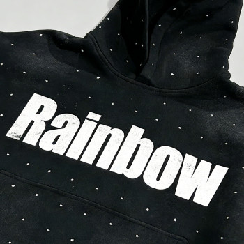 Rainbow Studded Hoodie | Rhinestone & Screen Print | Washed Color | Streetwear Style | OEM Streetwear