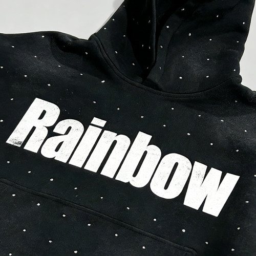 Rainbow Studded Hoodie | Rhinestone & Screen Print | Washed Color | Streetwear Style | OEM Streetwear
