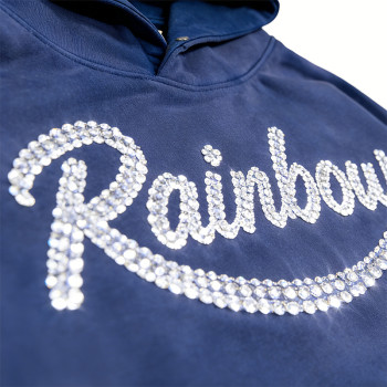 Navy Rainbow Rhinestone Hoodie | Washed & Sprayed Finish | Streetwear Fashion | OEM Streetwear