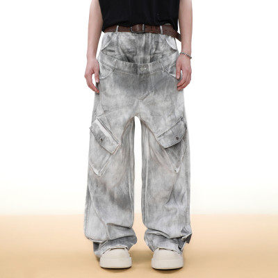 Vintage Double Waist Cargo Jeans | Distressed Wash | Wide-Leg Design | OEM Streetwear