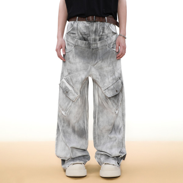 Vintage Double Waist Cargo Jeans | Distressed Wash | Wide-Leg Design | OEM Streetwear