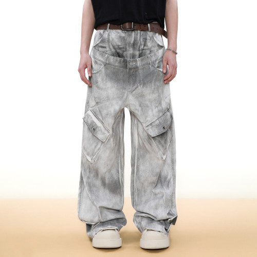 Vintage Double Waist Cargo Jeans | Distressed Wash | Wide-Leg Design | OEM Streetwear