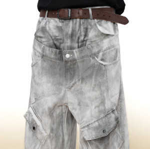 Vintage Double Waist Cargo Jeans | Distressed Wash | Wide-Leg Design | OEM Streetwear