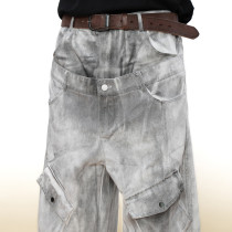Vintage Double Waist Cargo Jeans | Distressed Wash | Wide-Leg Design | OEM Streetwear