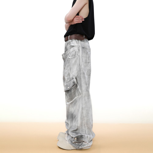 Vintage Double Waist Cargo Jeans | Distressed Wash | Wide-Leg Design | OEM Streetwear
