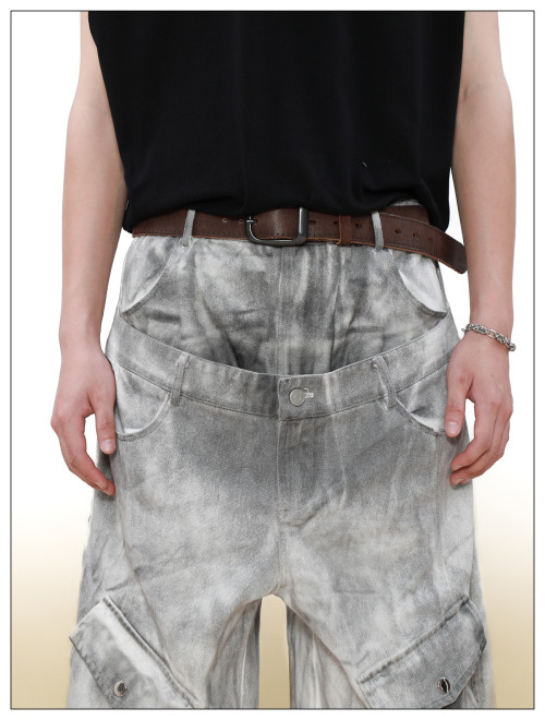 Vintage Double Waist Cargo Jeans | Distressed Wash | Wide-Leg Design | OEM Streetwear