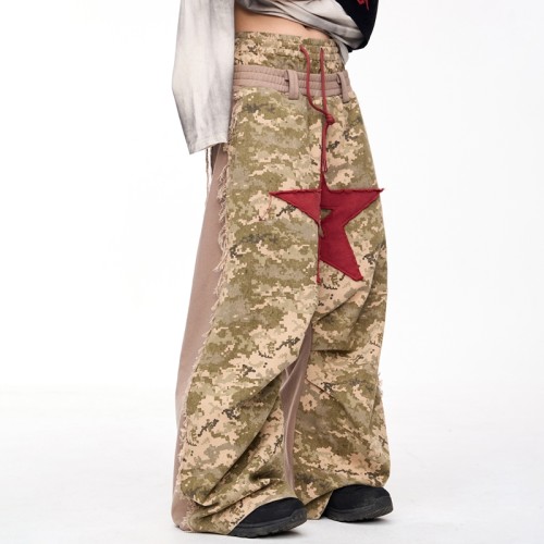 Camouflage Frayed Patchwork Wide-Leg Pants | Vintage Wash | Custom Streetwear Manufacturer