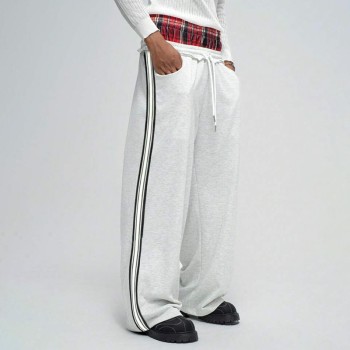 Men's Grey Wide-Leg Sweatpants | Plaid Waistband and Side Stripe | Custom Streetwear Manufacturer