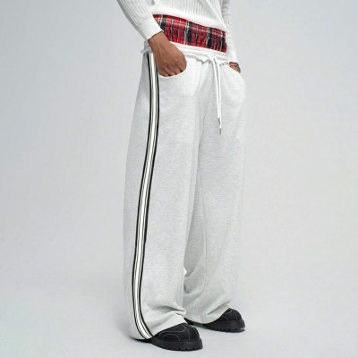 Men's Grey Wide-Leg Sweatpants | Plaid Waistband and Side Stripe | Custom Streetwear Manufacturer