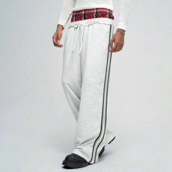 Men's Grey Wide-Leg Sweatpants | Plaid Waistband and Side Stripe | Custom Streetwear Manufacturer