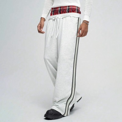 Men's Grey Wide-Leg Sweatpants | Plaid Waistband and Side Stripe | Custom Streetwear Manufacturer
